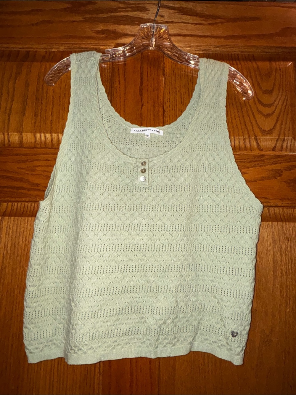 Celebrity Pink Mint Openwork Knit Tank with Button Scoop